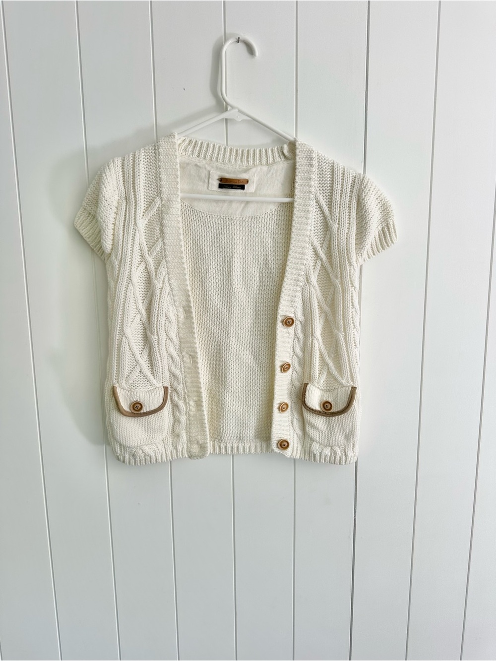 Massimo Dutti Cream Short-Sleeve Linen Blend Cable Knit Cardigan Sweater